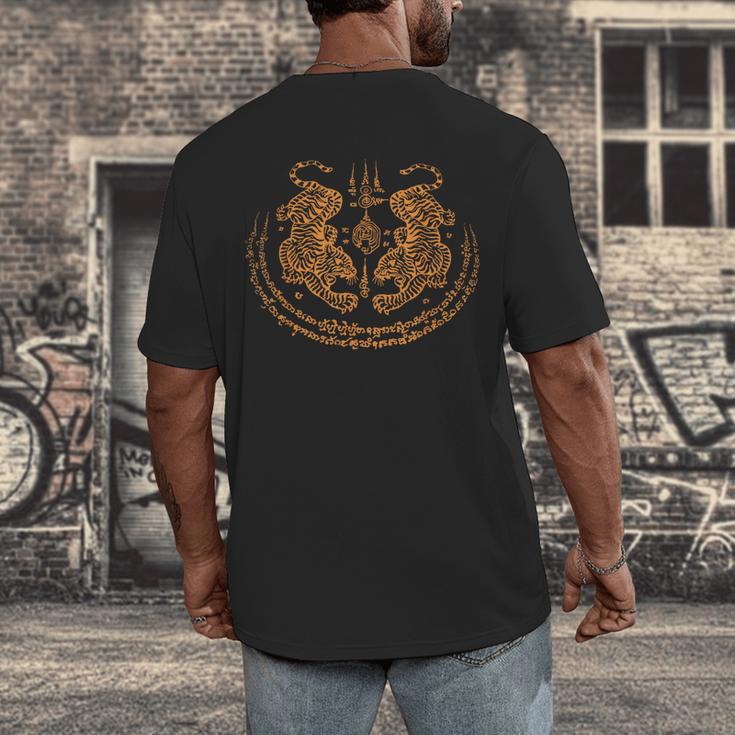 Twin Tiger Sak Yant Tattoo Muay Thai Thai Martial Arts Men's Back Print T-Shirt Twin Tiger Sak Yant Tattoo Muay Thai Thai Martial Arts Men's Back Print T-Shirt