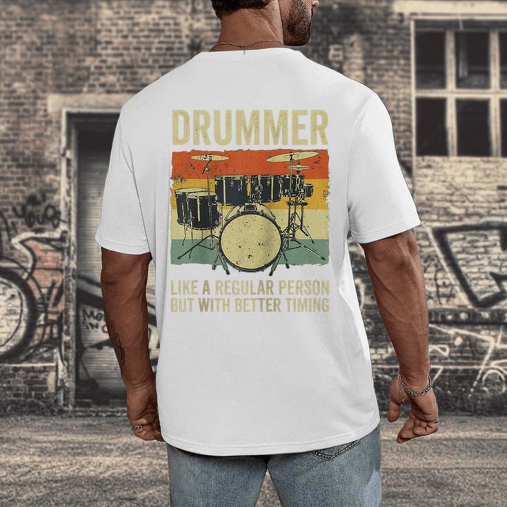 Drummer Better Timing Retro Vintage Sunset Drum Kit Graphic Raglan Baseball Tee Men's Back Print T-Shirt