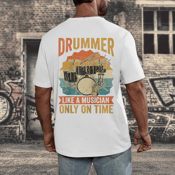Drummer Like a Musician Only On Time Vintage Sunset Drum Kit Raglan Baseball Tee Men's Back Print T-Shirt Drummer Like a Musician Only On Time Vintage Sunset Drum Kit Raglan Baseball Tee Men's Back Print T-Shirt