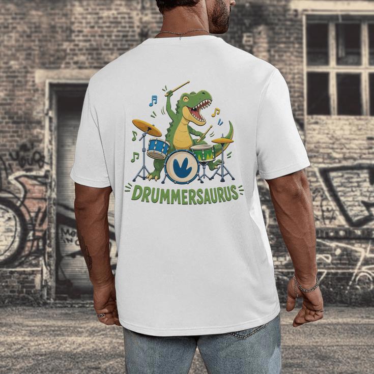 T-Rex Drumming With Drum Kit And Musical Notes Men's Back Print T-Shirt T-Rex Drumming With Drum Kit And Musical Notes Men's Back Print T-Shirt