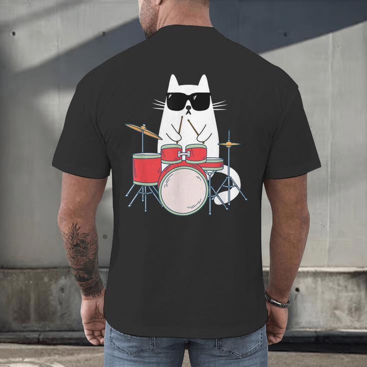 Cat Wearing Sunglasses Playing Drums Drum Kit Musician Men's Back Print T-Shirt Cat Wearing Sunglasses Playing Drums Drum Kit Musician Men's Back Print T-Shirt