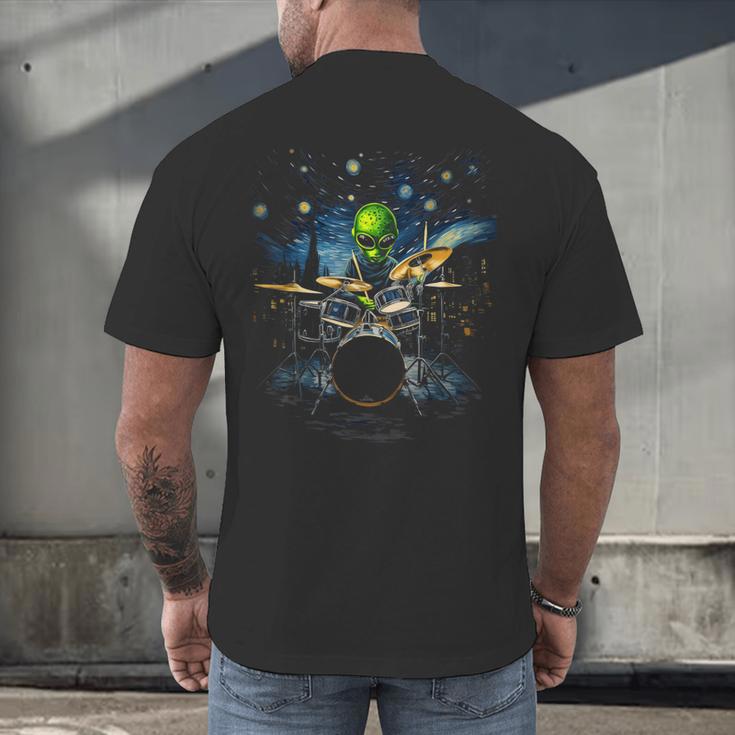 Drum Kit Percussionist Drummer Van Gogh Alien Playing Drums Men's Back Print T-Shirt