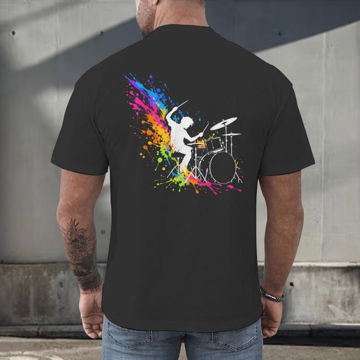 Drummer Silhouette Drum Kit Splatter Art Men's Back Print T-Shirt Drummer Silhouette Drum Kit Splatter Art Men's Back Print T-Shirt