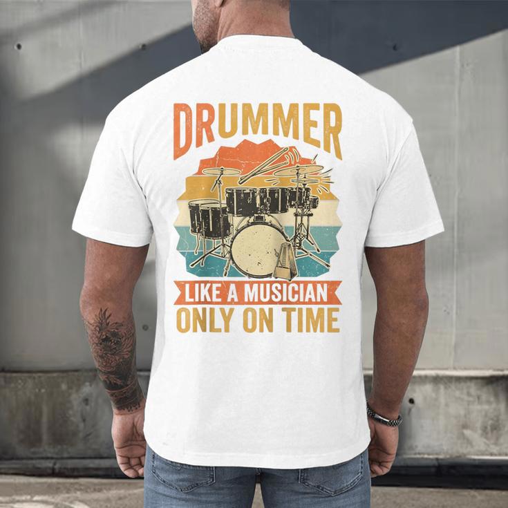 Drummer Like a Musician Only On Time Vintage Sunset Drum Kit Raglan Baseball Tee Men's Back Print T-Shirt Drummer Like a Musician Only On Time Vintage Sunset Drum Kit Raglan Baseball Tee Men's Back Print T-Shirt