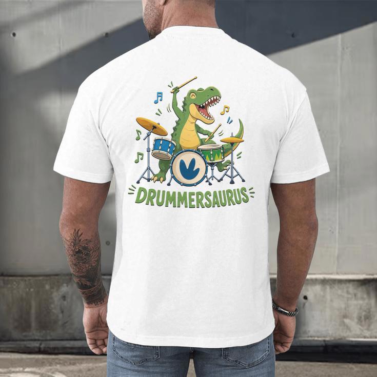 T-Rex Drumming With Drum Kit And Musical Notes Men's Back Print T-Shirt T-Rex Drumming With Drum Kit And Musical Notes Men's Back Print T-Shirt