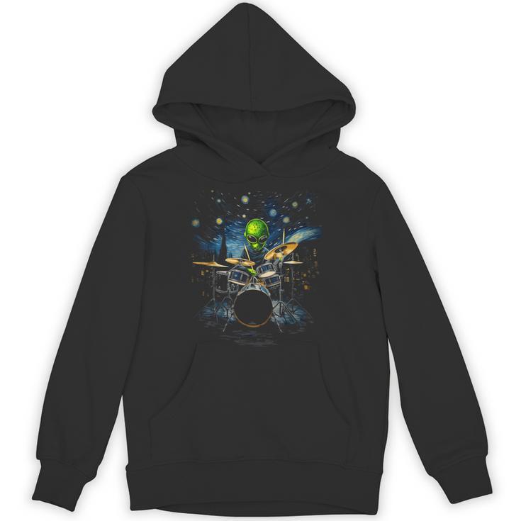 Drum Kit Percussionist Drummer Van Gogh Alien Playing Drums Unisex Hoodie