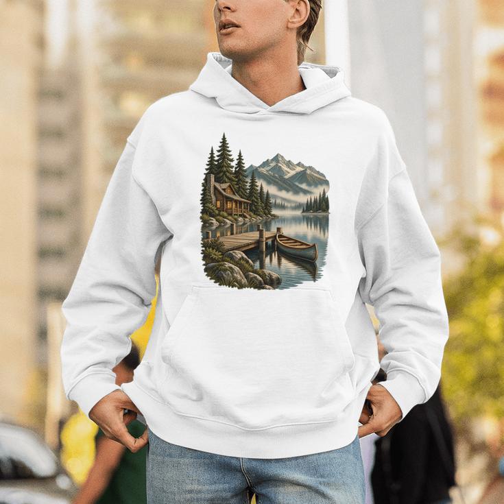Lakeside Canoe Cabin Escape Scene Unisex Hoodie