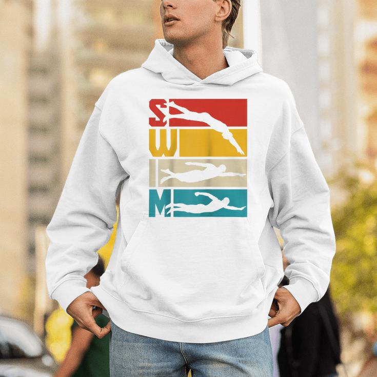 Swim Swimming Vintage Retro Swimmer Raglan Baseball Tee Unisex Hoodie