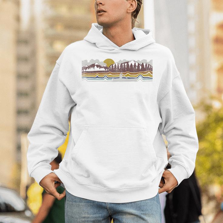 Trendy Canoe Silhouette Colourful Landscape Raglan Baseball Tee Unisex Hoodie