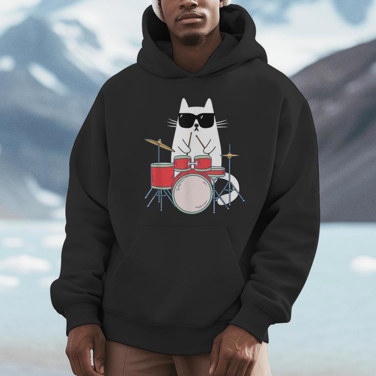 Cat Wearing Sunglasses Playing Drums Drum Kit Musician Unisex Hoodie Cat Wearing Sunglasses Playing Drums Drum Kit Musician Unisex Hoodie