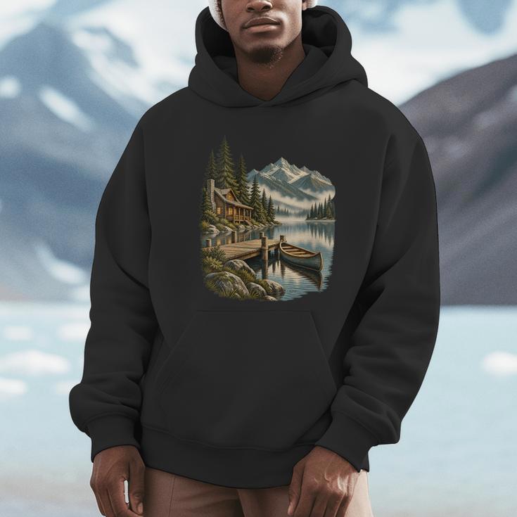 Women's Lakeside Canoe Cabin Escape Scene Unisex Hoodie Women's Lakeside Canoe Cabin Escape Scene Unisex Hoodie