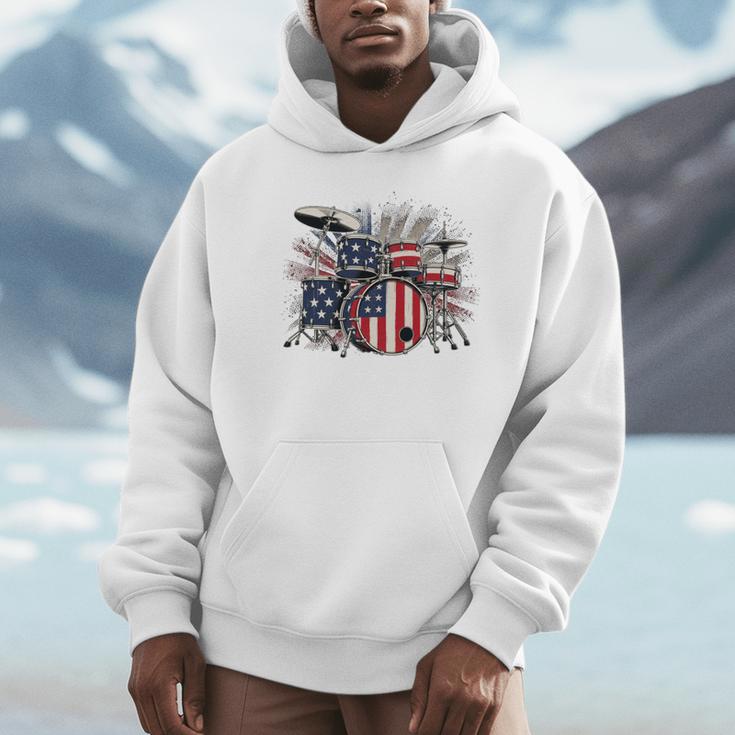 Drum Kit With American Flag Graphic For Musicians Unisex Hoodie Drum Kit With American Flag Graphic For Musicians Unisex Hoodie