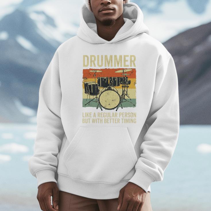 Drummer Better Timing Retro Vintage Sunset Drum Kit Graphic Unisex Hoodie Drummer Better Timing Retro Vintage Sunset Drum Kit Graphic Unisex Hoodie