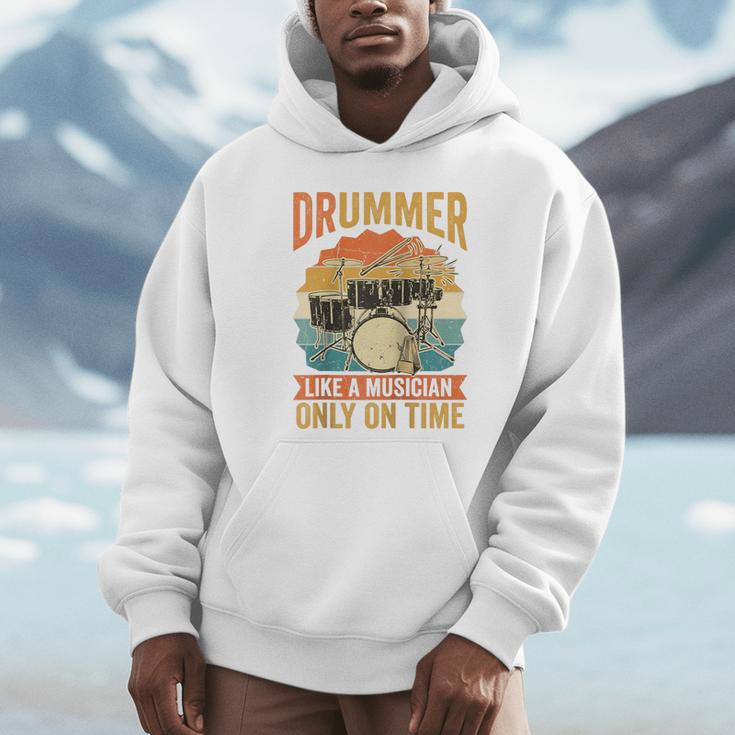 Drummer Like a Musician Only On Time Vintage Sunset Drum Kit Raglan Baseball Tee Unisex Hoodie