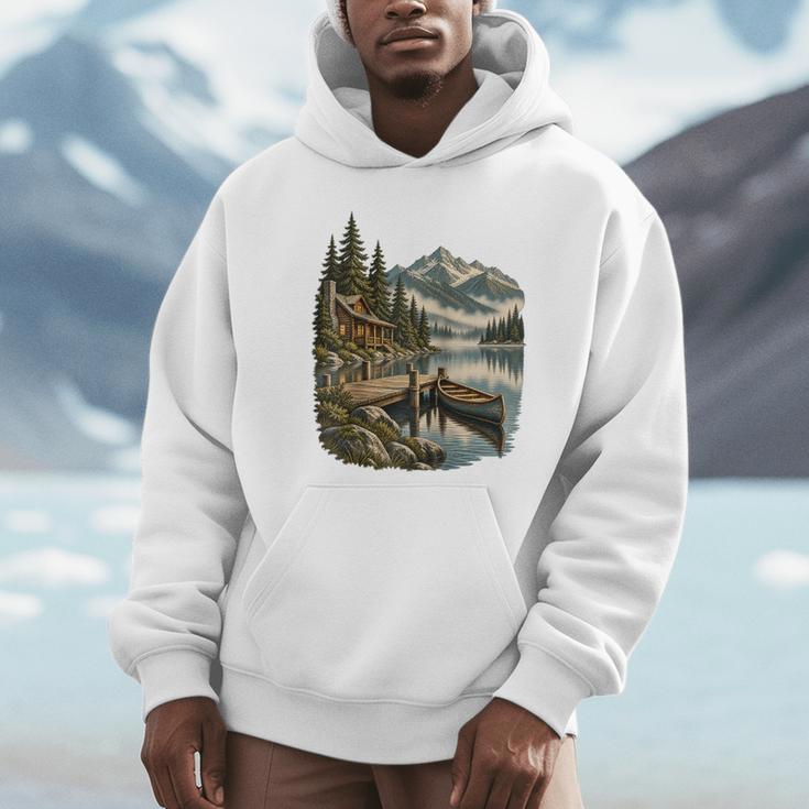 Lakeside Canoe Cabin Escape Scene Raglan Baseball Tee Unisex Hoodie