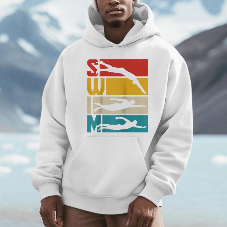 Swim Swimming Vintage Retro Swimmer Raglan Baseball Tee Unisex Hoodie