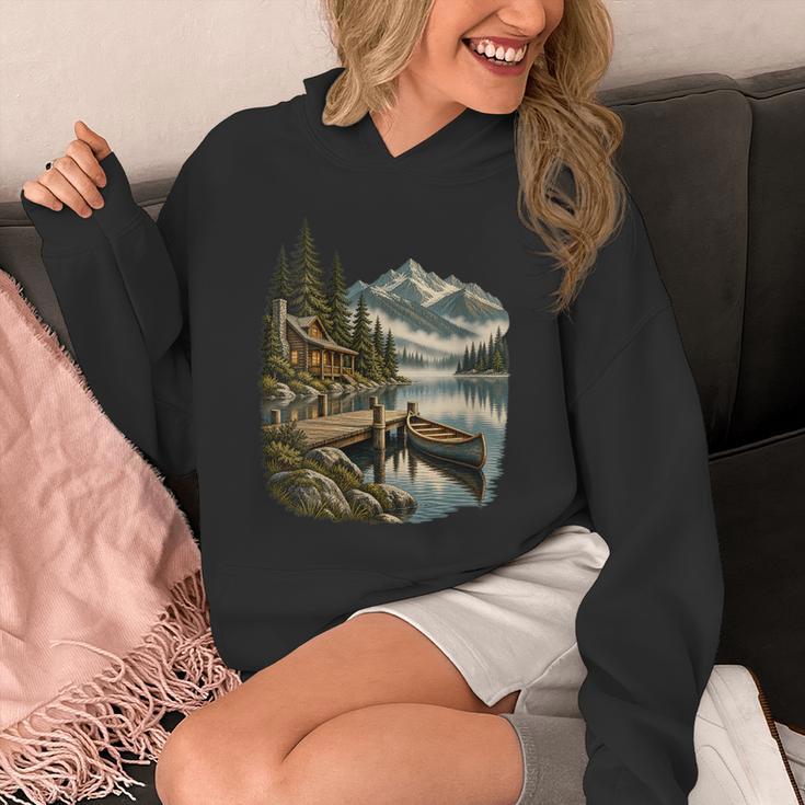 Women's Lakeside Canoe Cabin Escape Scene Unisex Hoodie Women's Lakeside Canoe Cabin Escape Scene Unisex Hoodie