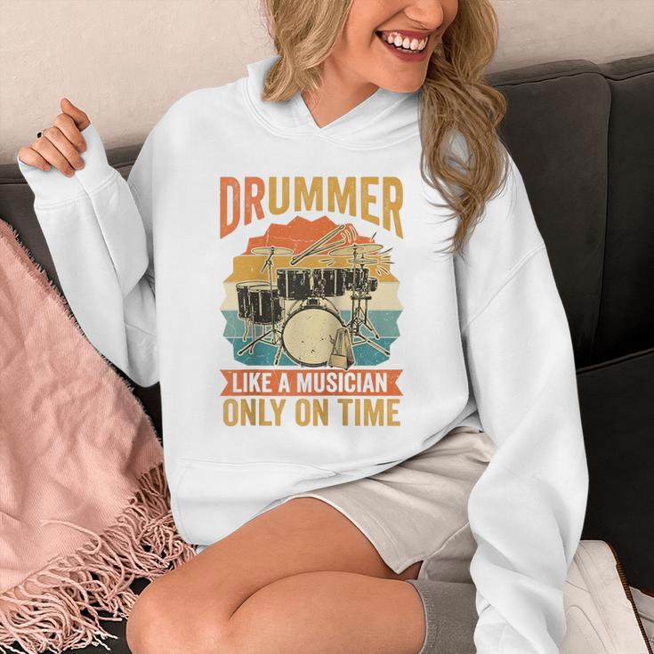 Drummer Like a Musician Only On Time Vintage Sunset Drum Kit Raglan Baseball Tee Unisex Hoodie