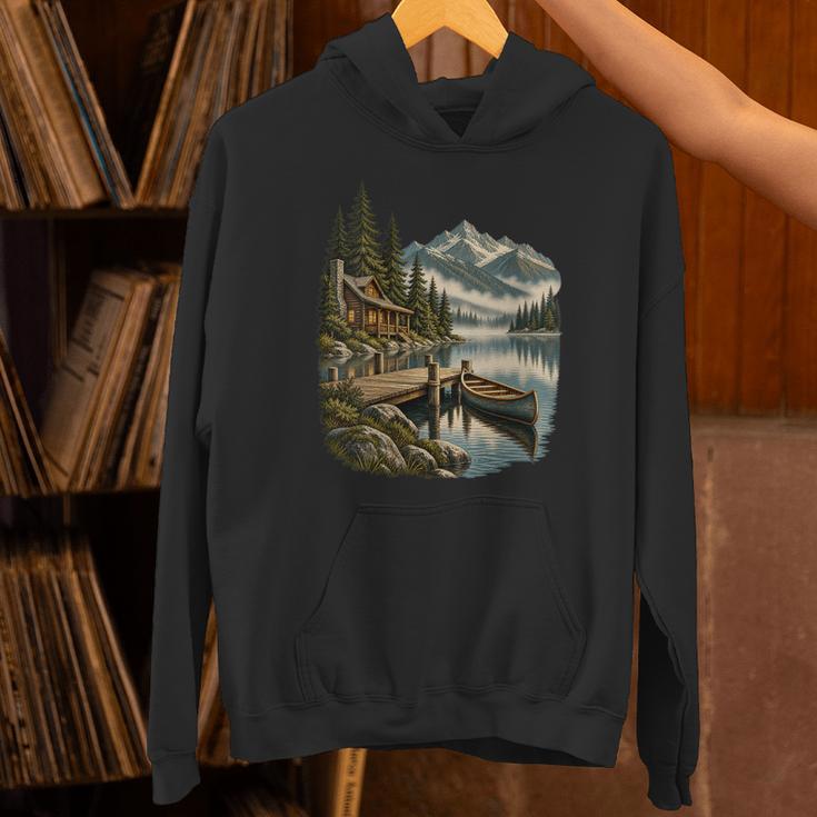 Women's Lakeside Canoe Cabin Escape Scene Unisex Hoodie Women's Lakeside Canoe Cabin Escape Scene Unisex Hoodie