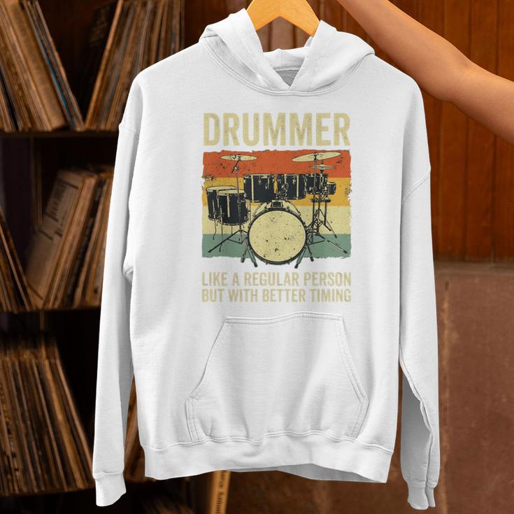 Drummer Better Timing Retro Vintage Sunset Drum Kit Graphic Unisex Hoodie Drummer Better Timing Retro Vintage Sunset Drum Kit Graphic Unisex Hoodie