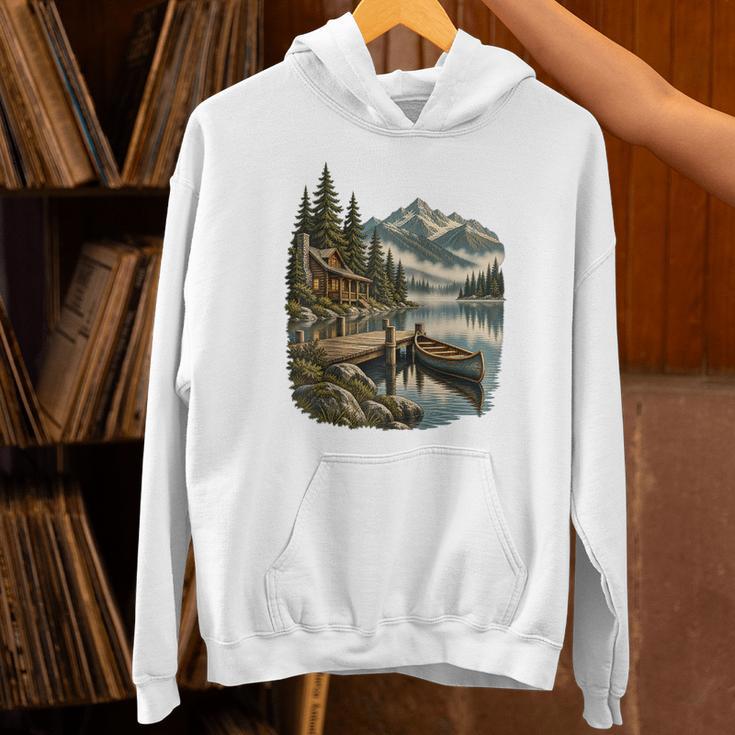 Lakeside Canoe Cabin Escape Scene Raglan Baseball Tee Unisex Hoodie