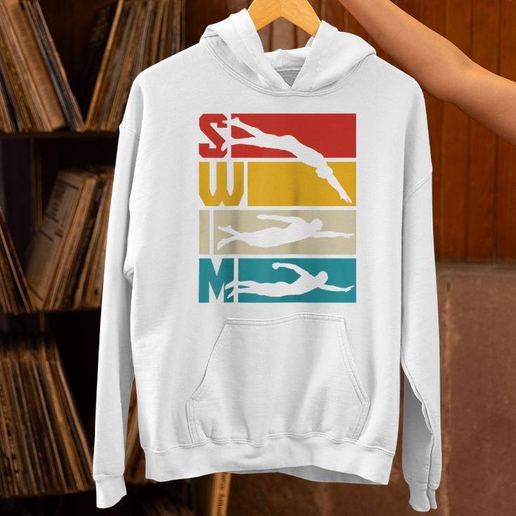 Swim Swimming Vintage Retro Swimmer Raglan Baseball Tee Unisex Hoodie
