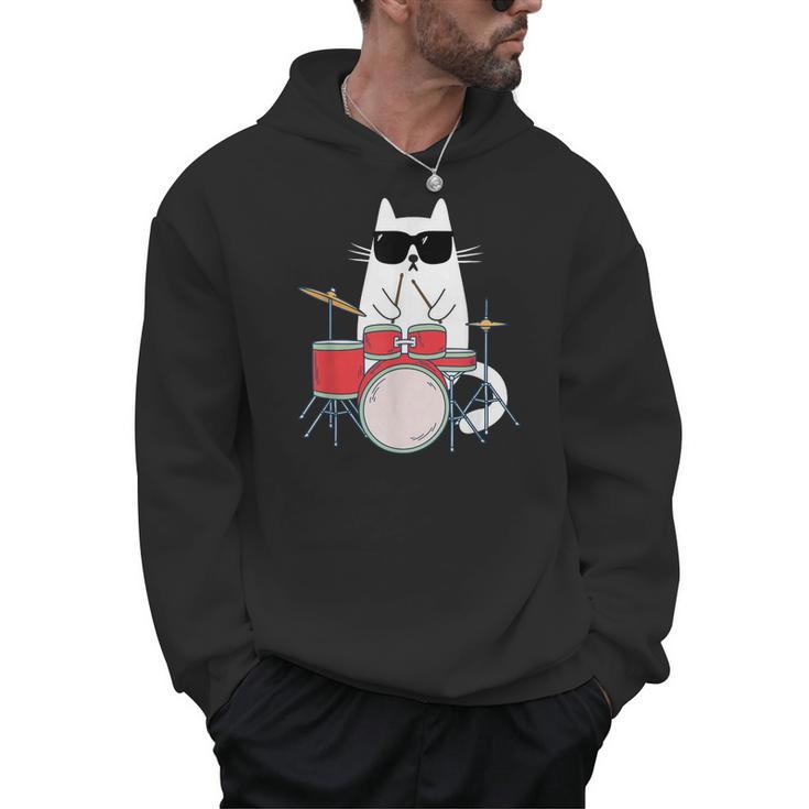 Cat Wearing Sunglasses Playing Drums Drum Kit Musician Men Hoodie