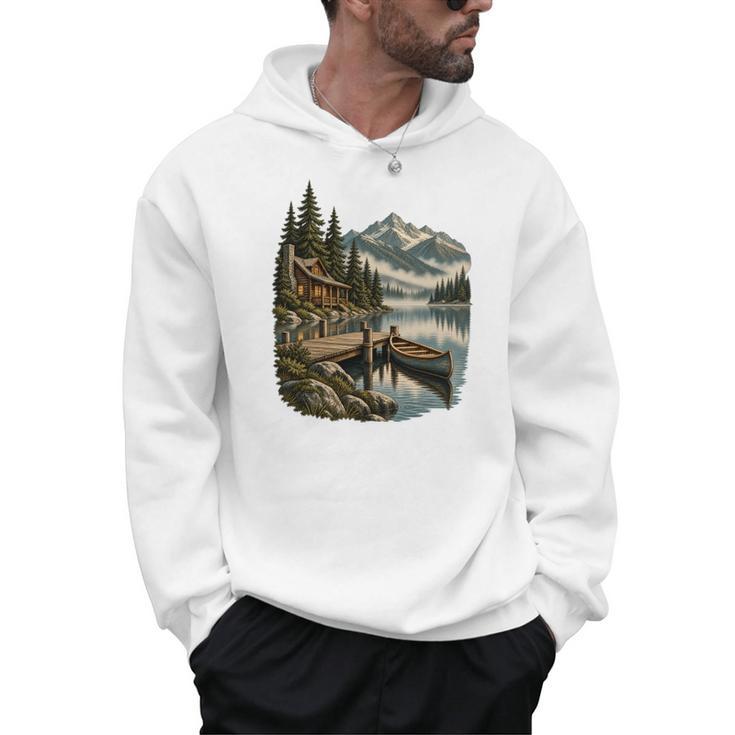 Lakeside Canoe Cabin Escape Scene Men Hoodie