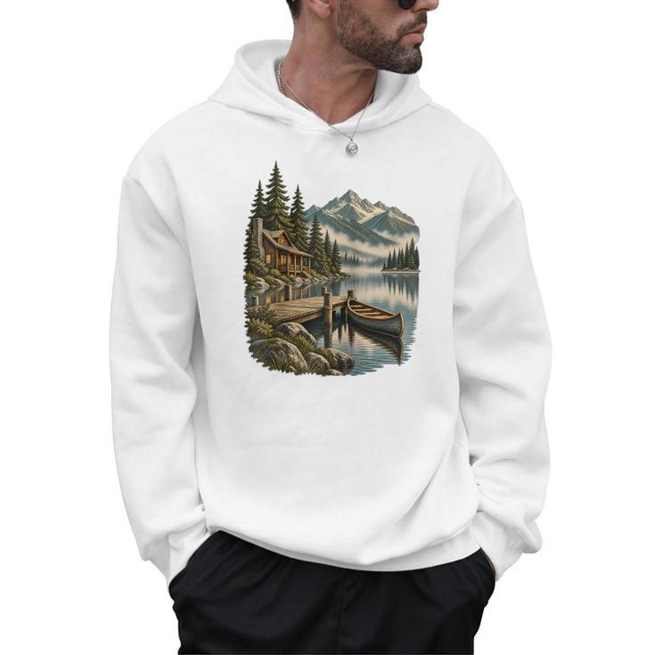 Lakeside Canoe Cabin Escape Scene Raglan Baseball Tee Men Hoodie