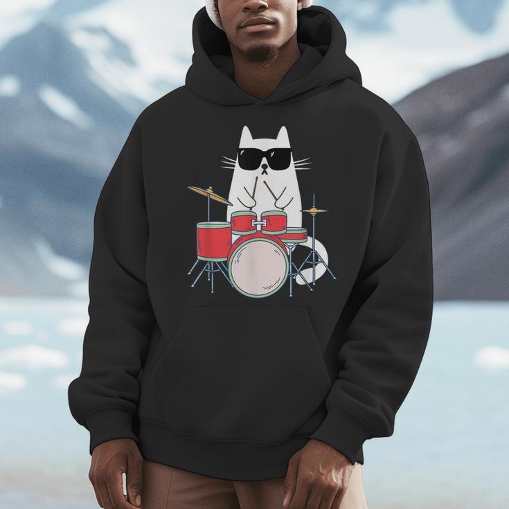 Cat Wearing Sunglasses Playing Drums Drum Kit Musician Men Hoodie Cat Wearing Sunglasses Playing Drums Drum Kit Musician Men Hoodie