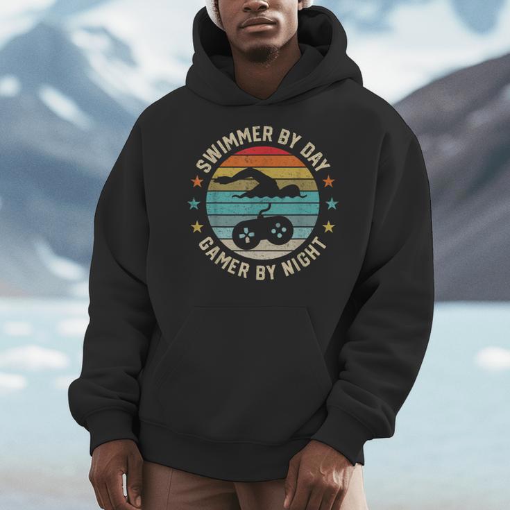 Swimmer By Day Gamer By Night Swimming Swim Lover Gaming Men Hoodie