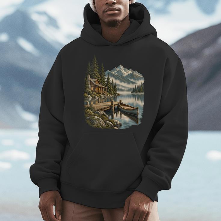Women's Lakeside Canoe Cabin Escape Scene Men Hoodie
