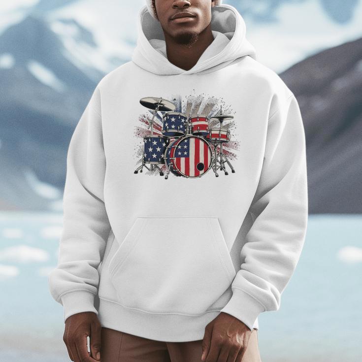 Drum Kit With American Flag Graphic For Musicians Men Hoodie Drum Kit With American Flag Graphic For Musicians Men Hoodie