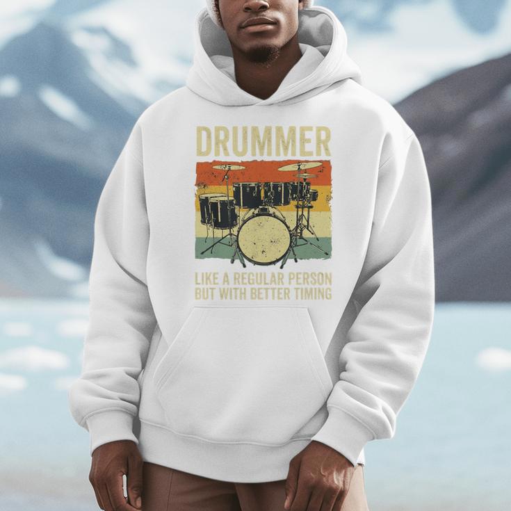 Drummer Better Timing Retro Vintage Sunset Drum Kit Graphic Men Hoodie Drummer Better Timing Retro Vintage Sunset Drum Kit Graphic Men Hoodie