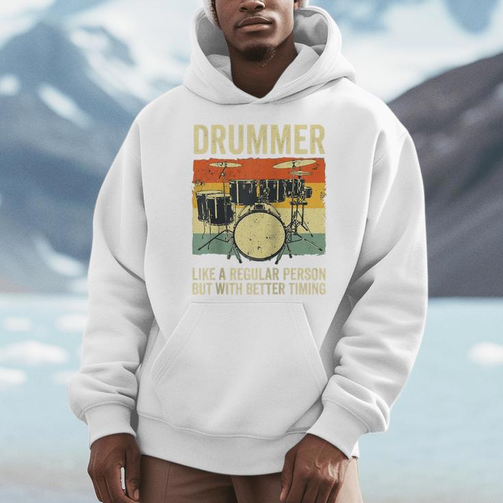 Drummer Better Timing Retro Vintage Sunset Drum Kit Graphic Raglan Baseball Tee Men Hoodie