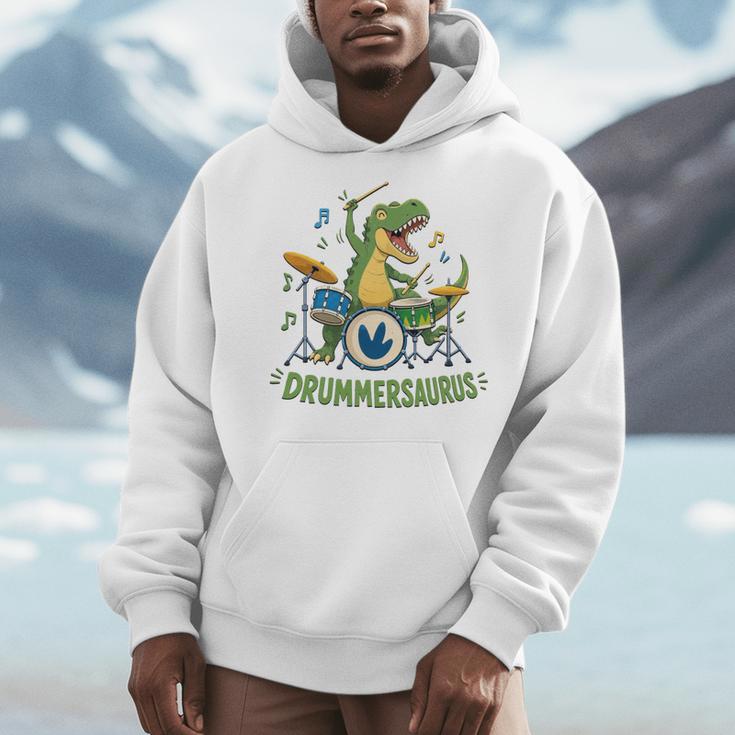 T-Rex Drumming With Drum Kit And Musical Notes Men Hoodie T-Rex Drumming With Drum Kit And Musical Notes Men Hoodie