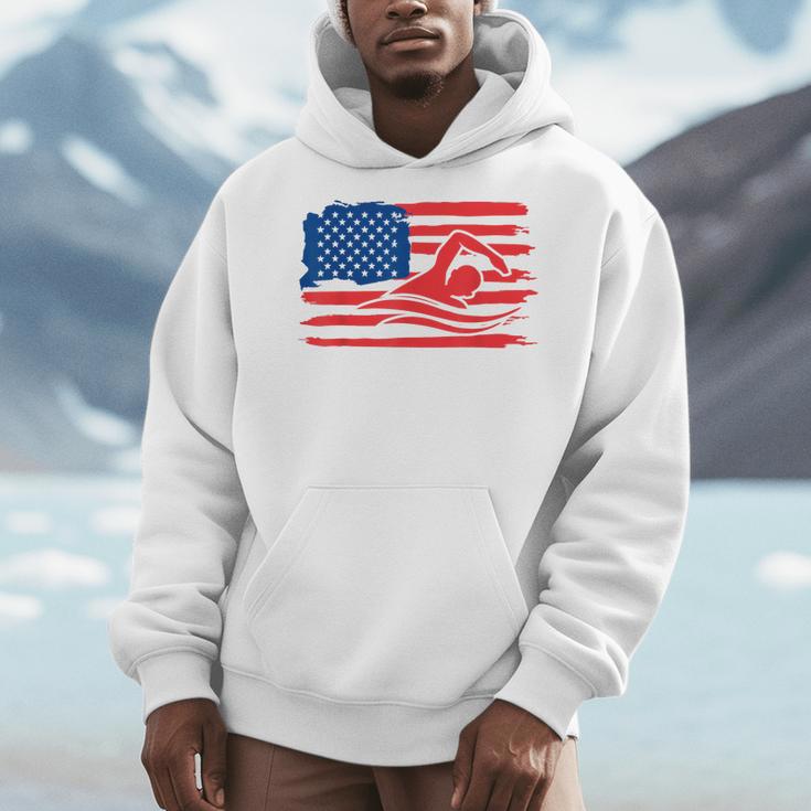 Vintage American Flag Swim Team Swimmer Funny Swimming Gift Men Hoodie