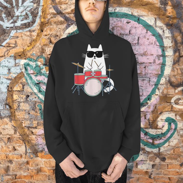 Cat Wearing Sunglasses Playing Drums Drum Kit Musician Men Hoodie Cat Wearing Sunglasses Playing Drums Drum Kit Musician Men Hoodie