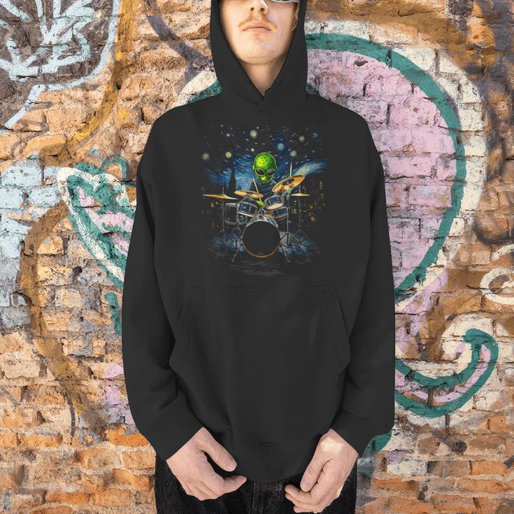 Drum Kit Percussionist Drummer Van Gogh Alien Playing Drums Men Hoodie