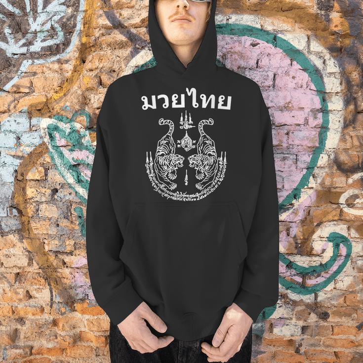 Muay Thai Language Sak Yant Art Tattoo Twin Tiger Kickboxing Men Hoodie