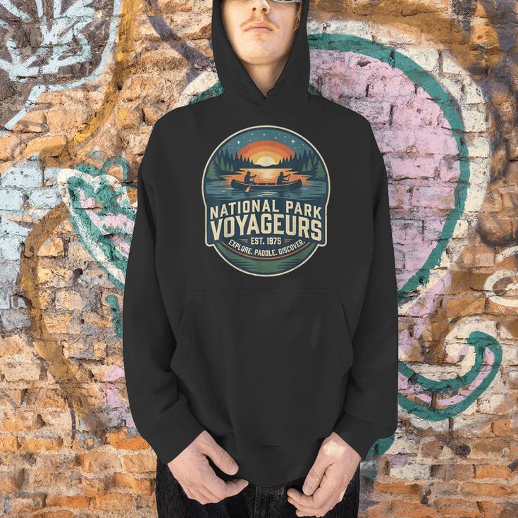 National Park Voyageurs Retro Sunset Canoe Paddling Badge Men Hoodie