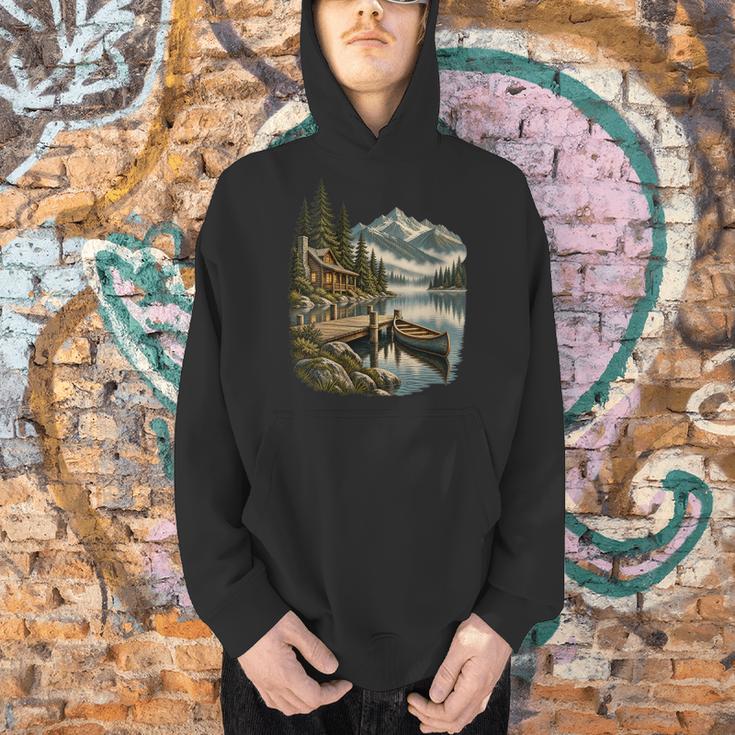 Women's Lakeside Canoe Cabin Escape Scene Men Hoodie