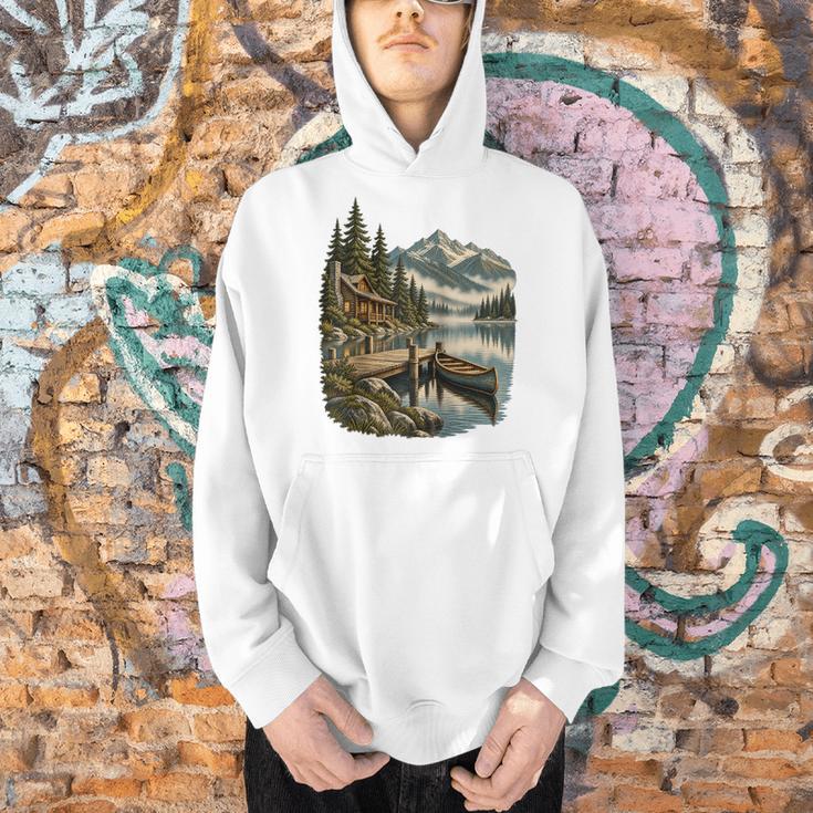 Lakeside Canoe Cabin Escape Scene Raglan Baseball Tee Men Hoodie