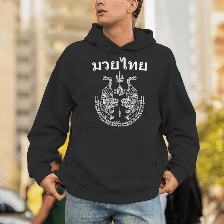 Muay Thai Language Sak Yant Art Tattoo Twin Tiger Kickboxing Men Hoodie