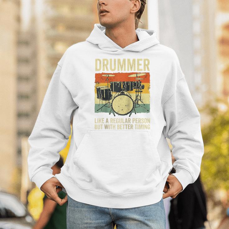 Drummer Better Timing Retro Vintage Sunset Drum Kit Graphic Raglan Baseball Tee Men Hoodie