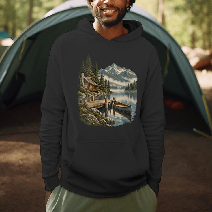 Women's Lakeside Canoe Cabin Escape Scene Men Hoodie