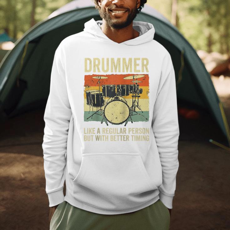 Drummer Better Timing Retro Vintage Sunset Drum Kit Graphic Raglan Baseball Tee Men Hoodie