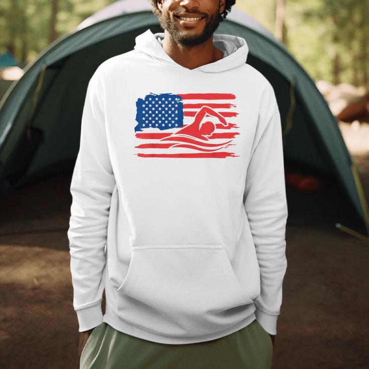 Vintage American Flag Swim Team Swimmer Funny Swimming Gift Men Hoodie