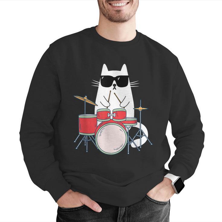 Cat Wearing Sunglasses Playing Drums Drum Kit Musician Men Graphic Sweatshirt