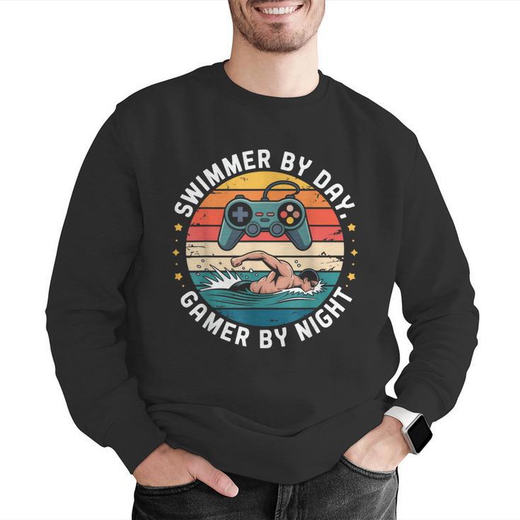 Swimmer By Day Gamer By Night Swimming Vintage Gaming Swim Men Graphic Sweatshirt Swimmer By Day Gamer By Night Swimming Vintage Gaming Swim Men Graphic Sweatshirt